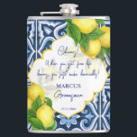 Flasques Groomsmen cadeaux faveurs tuiles bleues citron Ama<br><div class="desc">Groomsmen cadeaux Carrelage bleu et citron Amalfi Positano soirée de mariée de style méditerranéen favorise le nom personnalisé flacon personnalisé,  style marocain frontière sculptée. Faites un beau cadeau de conservation pour vos invités spéciaux.</div>