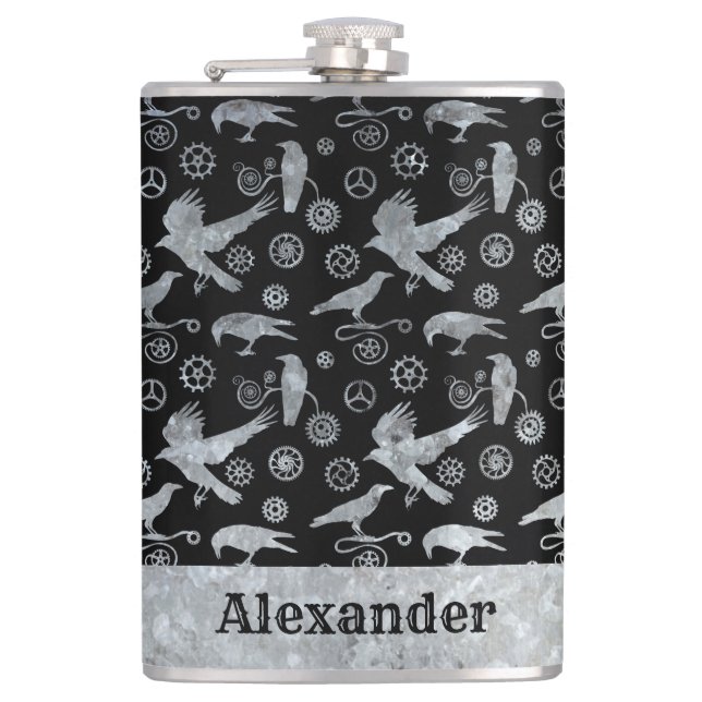 Flasques Gros Steampunk Argent Zinc engrenages et corbeaux  (Devant)