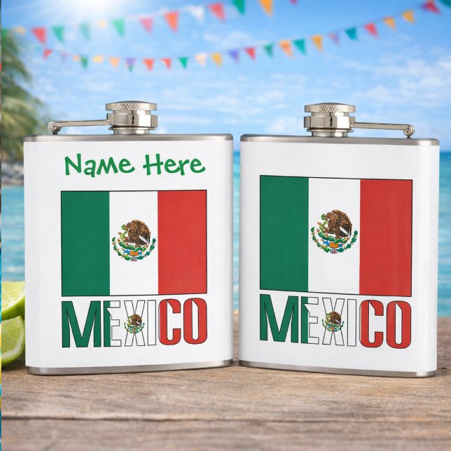 Flasques Hanche personnalisée avec drapeau du Mexique (Personalized flask with the Mexican Flag and MEXICO. Front can add a name above. Back just has flag )