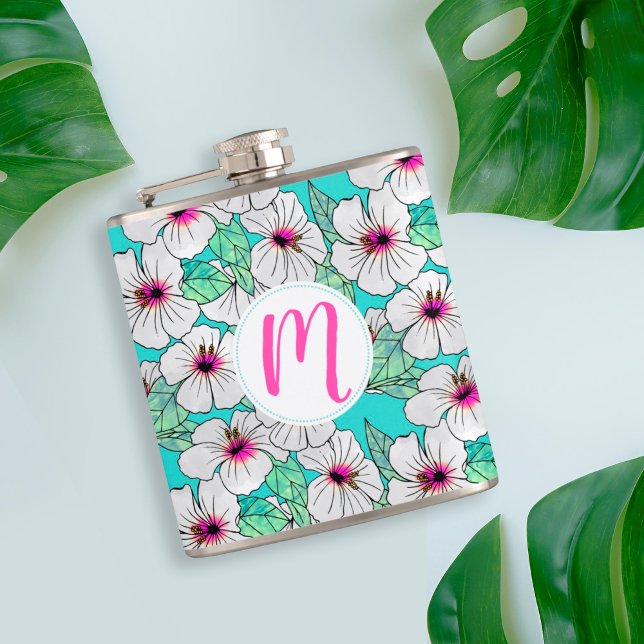 Flasques Hibiscus tropical rose et blanc Motif floral (Tropical Hibiscus Monogram Flask)