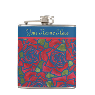 Flasques Hip Flask to Personnalize : Roses rouges sur bleu