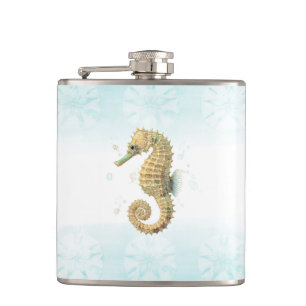 Flasques Hippocampe sarcelle et or aquarelle plage côtière