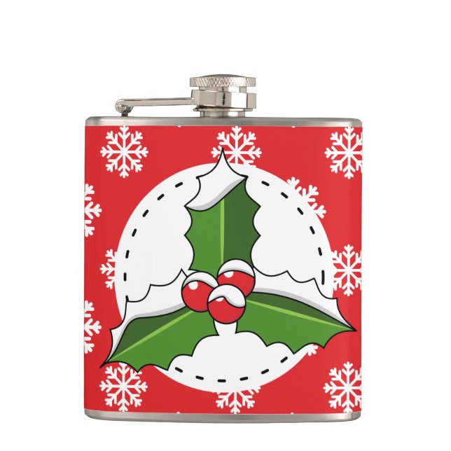 Flasques Holly Berry on Red White Snowflakes (Devant)
