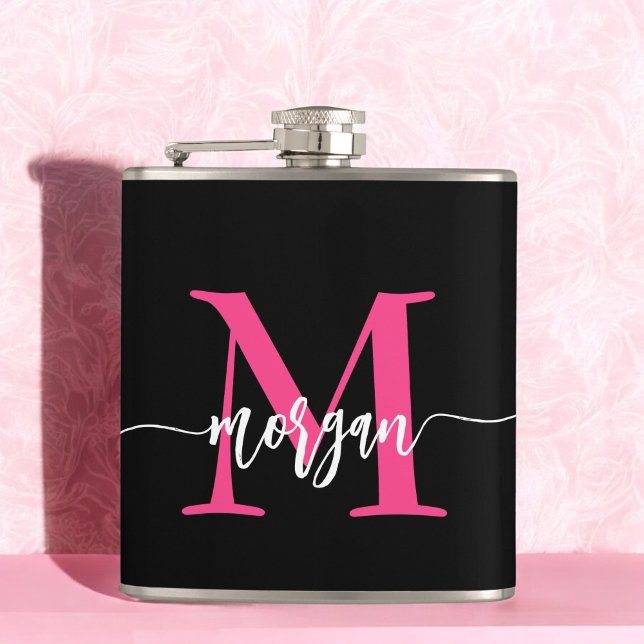 Flasques Hot rose noir Monogramme Fille de Bachelorette Par (Créateur téléchargé)