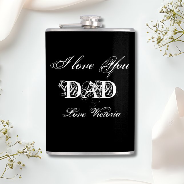 Flasques 'I Love You Dad' Personnalisé noir blanc & argent ('I Love You Dad' Personalized Black White & Silver Flask.)