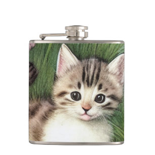 Flasques Illustration vintage de chat avec Fleurs rouges