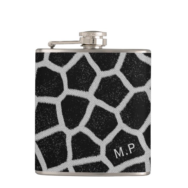 Flasques Imprimé de girafe noir et blanc avec monogramme (Devant)