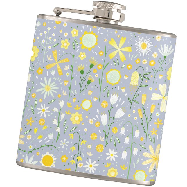 Flasques Joli bleu floral (Floral pastel blue and yellow hip flask)