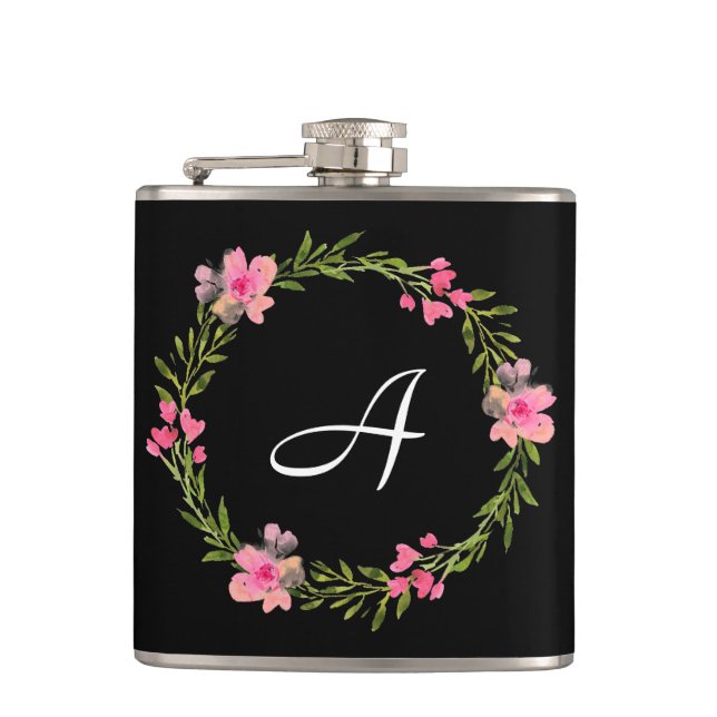 Flasques Joli monogramme floral noir et rose (Devant)
