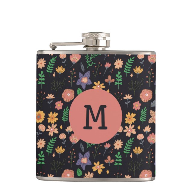 Flasques Joli motif floral foncé moderne monogramme (Devant)