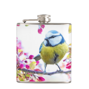 Flasques Joli oiseau bleu et jaune sur une branche Photogra