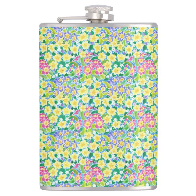 Flasques Joli Pink, Bleu, Yellow Primroses Hip Flask (Devant)
