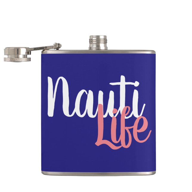 Flasques joli script NAUTI LIFE nautique sur bleu marine | (Ouvert)