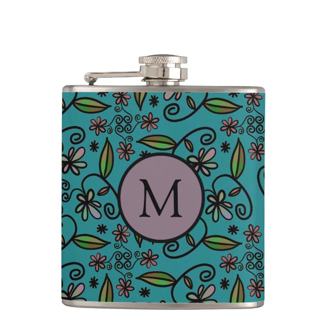 Flasques Joli Turquoise motif floral Monogramme (Devant)