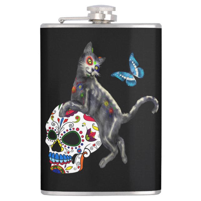 Flasques Jour De La Morte Chat Crâne Sucre Et Papillon (Devant)