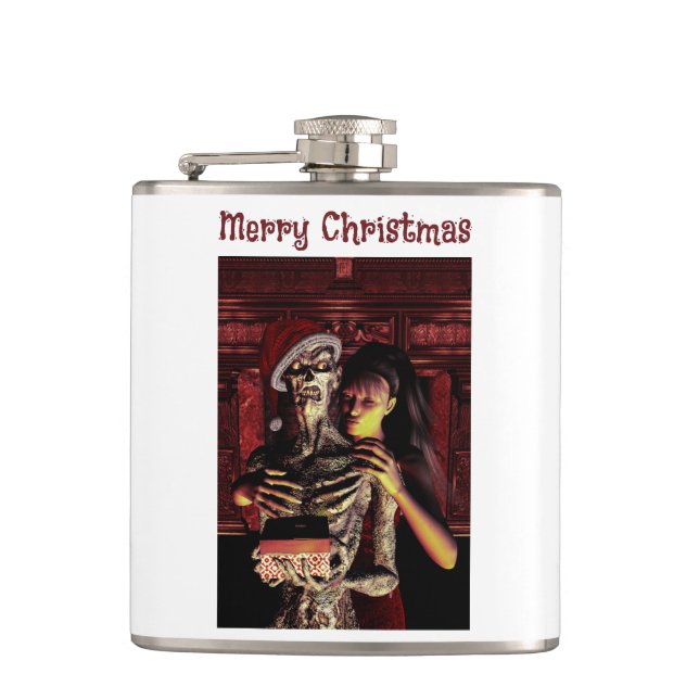 Flasques Joyeux Noël. Squelette drôle avec femme (Devant)