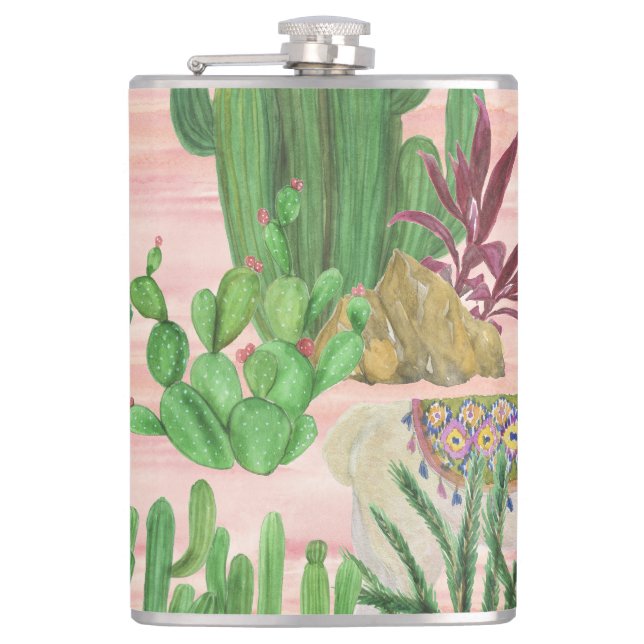 Flasques Lamas aquarelle et motif cactus. (Devant)