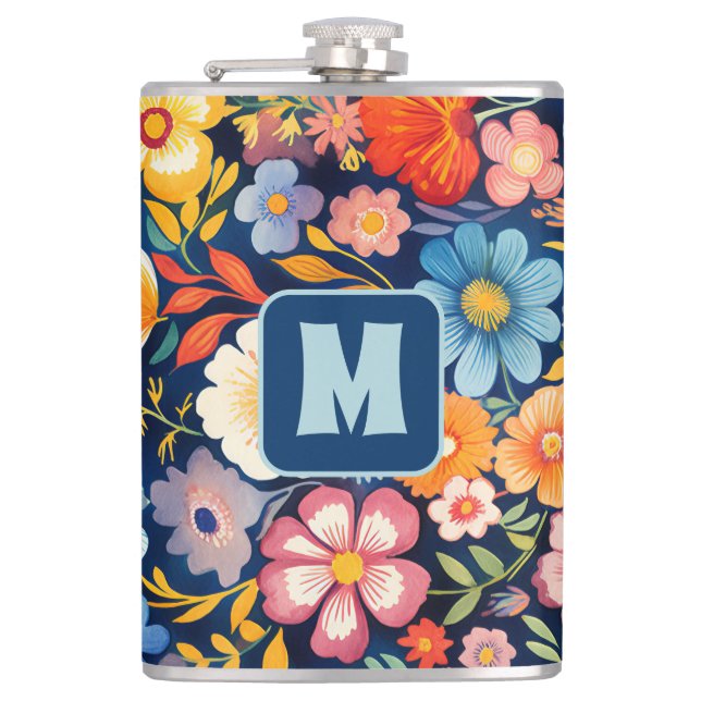 Flasques les années 70 60s Retro Floral Monogramme Bleu et  (Devant)