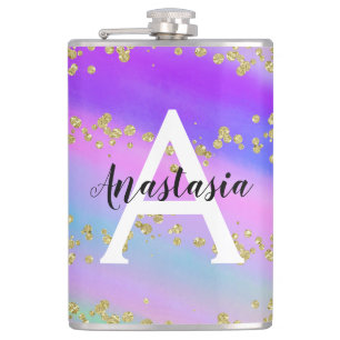 Flasques Licorne Arc-en-Ciel Doré Pailleté Monogramme Color