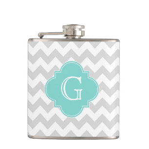 Flasques Light Gray White Chevron Aqua Quatrefoil monogram