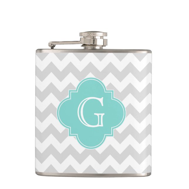 Flasques Light Gray White Chevron Aqua Quatrefoil monogram (Devant)