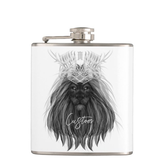 Flasques Lion noir avec couronne Antlers et monogramme (Devant)