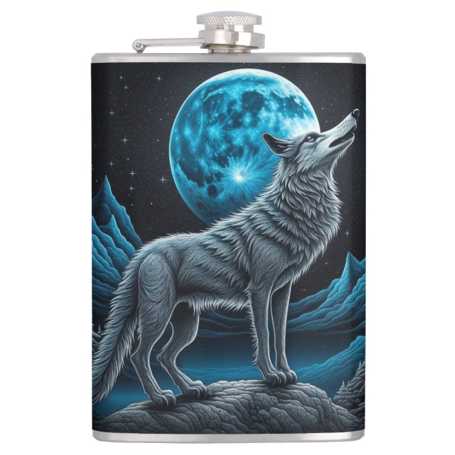 Flasques Loup solitaire et Pleine lune noir et bleu (Devant)