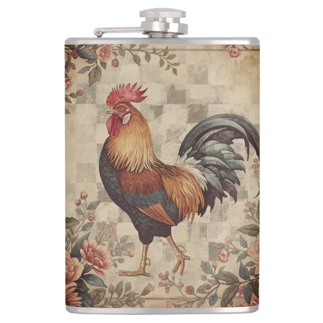 Flasques Lovely Vintage Rooster ,Flowers Pattern, Checke (Devant)