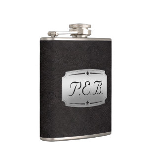 Flasques Magnifique monogramme masculin en cuir noir brilla