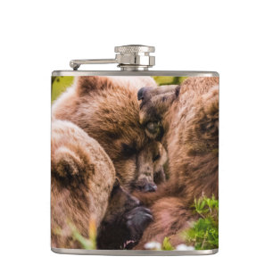 Flasques Mama bear nourrit ses deux petits, Lake Clark Nati