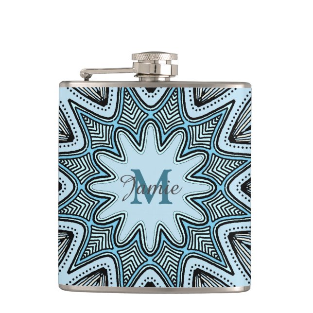 Flasques Mandala de monogramme bleu orné personnalisé (Devant)