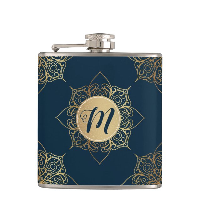 Flasques Mandala Gold Damask Patte & Monogramme (Devant)