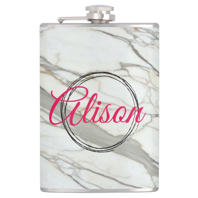 Flasques Marbre blanc chic fuchsia design nom personnalisé (Devant)