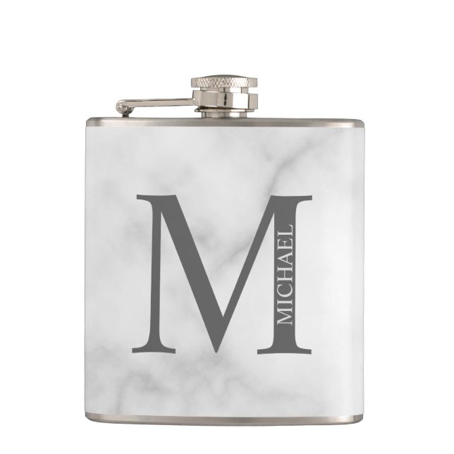Flasques Marbre blanc Monogramme personnalisé et nom (Devant)
