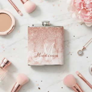 Flasques Marbre Pailleté Or Rose Ombré Monogramme