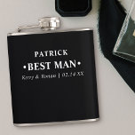 Flasques Mariage Date et Noms Black Personnalisé Meilleur H<br><div class="desc">Les flacons de hanche personnalisés sont de grands cadeaux de conservation mariages pour le meilleur homme et groomsmen. Ce design de typographie minimaliste est écrit en typographie moderne et audacieuse et peut être customisé pour chaque soirée mariée. Le nom modèle est configuré pour que vous puissiez ajouter le nom du...</div>