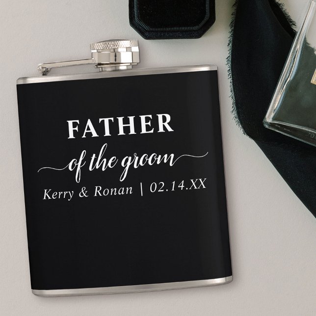 Flasques Mariage Date et noms Père noir de la chambre (Personalized gift for Father of the Groom)