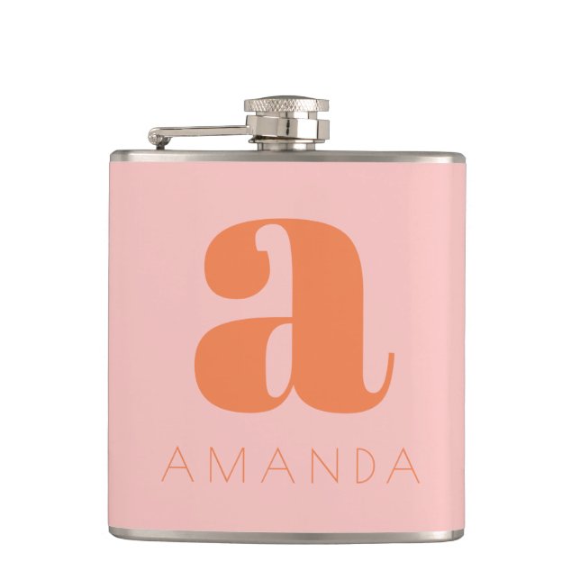 Flasques Mariage Moderne Monogramme et Nom Rose et Orange  (Devant)