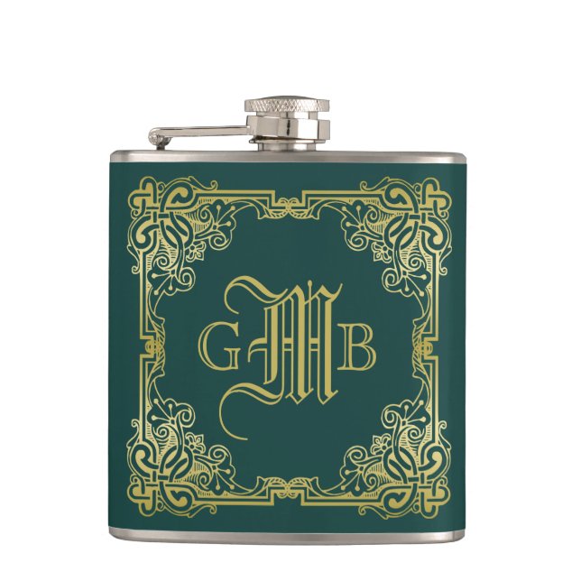 Flasques Mariage Monogramme Classic Gold Frame Dark Green (Devant)