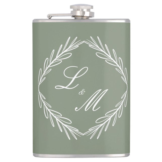 Flasques Mariage Monogramme Script Branche Vert Sauge (Devant)