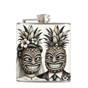 Flasques Mariée et marié Tête Tiki Ananas Aloha Mariage 