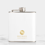 Flasques Masculine Blanc et or Groomsmen personnalisé<br><div class="desc">Ajoutez une touche personnelle à votre mariage avec un flacon de toiletteurs personnalisé. Ce flacon est composé d'un monogramme blanc en cercle or avec nom et titre en or style de police professionnelle sur arrière - plan blanc. Aussi parfait pour le meilleur homme, père de la mariée et plus. Remarque...</div>