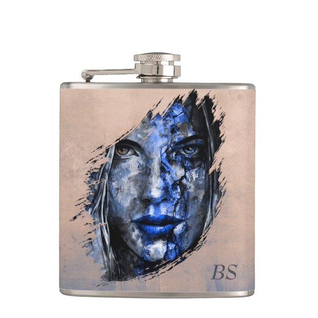 Flasques Mauvaise Fille rustique Rose Gold Blue monogramme (Devant)