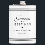 Flasques Meilleur Homme Personnalisé Mariage Personnalisé<br><div class="desc">Meilleur Homme Personnalisé Nom de la Fête de Mariage Flask comprend le nom du Meilleur Homme avec les noms du couple de mariées et la date du mariage accentué d'un petit coeur d'amour. Sur mesure pour le Best Man. Conçu par ©2024 Evco Studio www.zazzle.com/store/evcostudio</div>