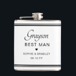 Flasques Meilleur Homme Personnalisé Mariage Personnalisé<br><div class="desc">Meilleur Homme Personnalisé Nom de la Fête de Mariage Flask comprend le nom du Meilleur Homme avec les noms du couple de mariées et la date du mariage accentué d'un petit coeur d'amour. Sur mesure pour le Best Man. Conçu par ©2024 Evco Studio www.zazzle.com/store/evcostudio</div>