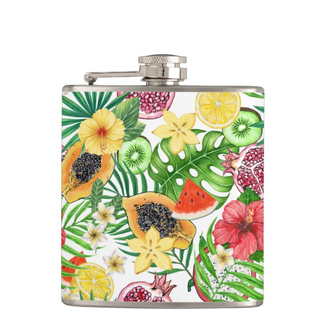 Flasques Mix-fruit tropical, fleurs et feuilles sur blanc (Devant)
