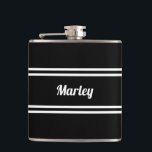 Flasques Modern Black & White Name<br><div class="desc">Bold, minimal, and ready to gift. This sleek flask features a custom name (up to ten characters) in crisp white script, framed by a clean double border on a bold black background. Whether you're teeing off or toasting the groom, this flask adds personal flair to any occasion. Compact and easy...</div>