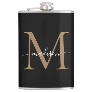 Flasques Moderne Black Gold Stylish Monogramme Girly Script