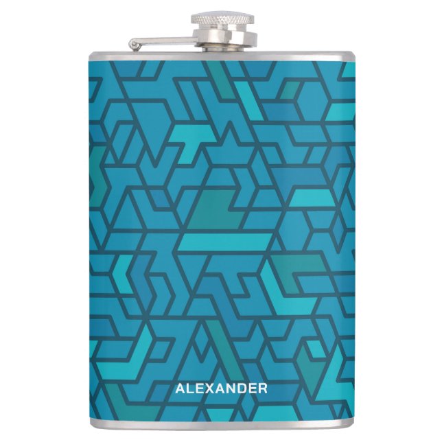 Flasques Moderne bleu et vert sarcelle géométrique avec nom (Devant)