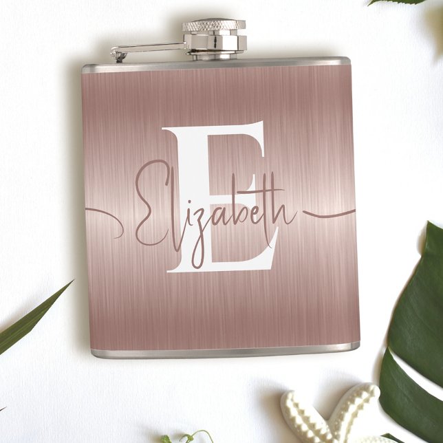 Flasques Moderne Élégant Rose Or brossé Métal Monogramme (Créateur téléchargé)